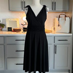 Little Black Dress with Shoulder Ties Cummerbund Waist Midi Length Size Small
